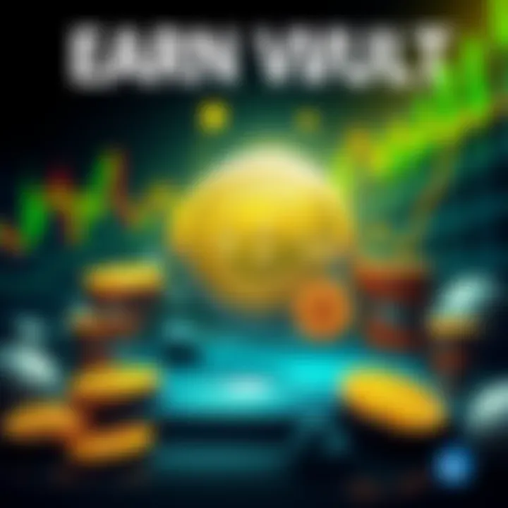 Graphic showing Bitcoin Earn Vault on Stacks with BTC coins and financial graphics