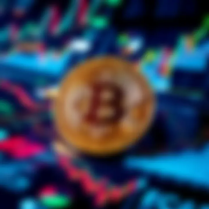 A Bitcoin symbol surrounded by various economic charts showing trends and data analysis