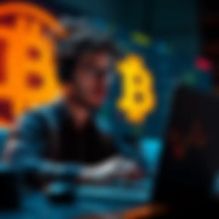 A person passionately analyzing Bitcoin charts on a laptop with a glowing Bitcoin symbol in the background
