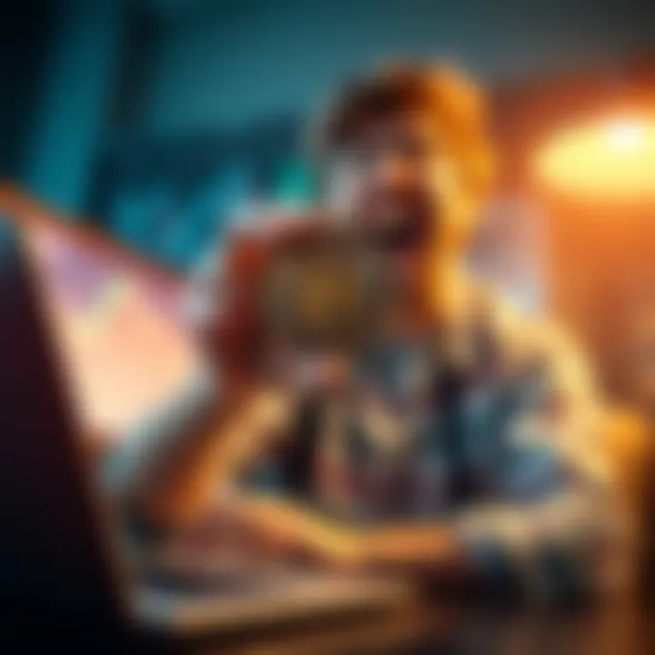 Bitcoin Enthusiast Invests A person excitedly holding a Bitcoin coin with a laptop and financial charts in the background, showing commitment to investing in cryptocurrency.