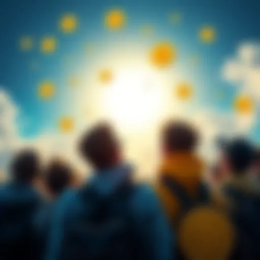 A group of Bitcoin fans looking at a bright sky with Bitcoin symbols floating around, showcasing their hopes and dreams for the cryptocurrency market.
