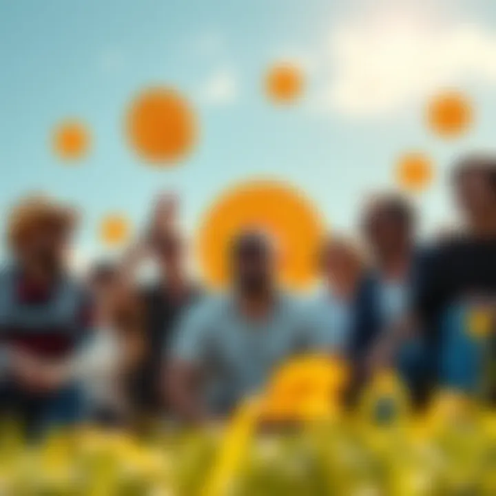 Bitcoin Enthusiasts Enjoying the Sun A group of people outside in warm weather, excitedly discussing Bitcoin, surrounded by Bitcoin logos and charts, showcasing their enthusiasm for cryptocurrency.