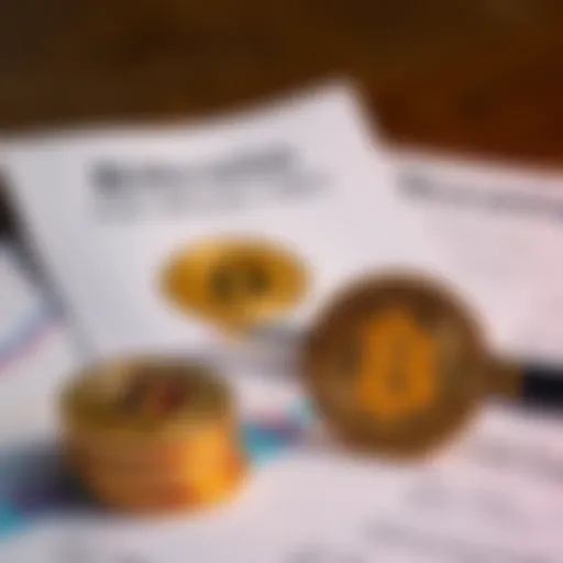 Bitcoin coins and ETF documents A stack of Bitcoin coins next to financial documents related to a Bitcoin ETF, illustrating the comparison between direct ownership and ETF investment.