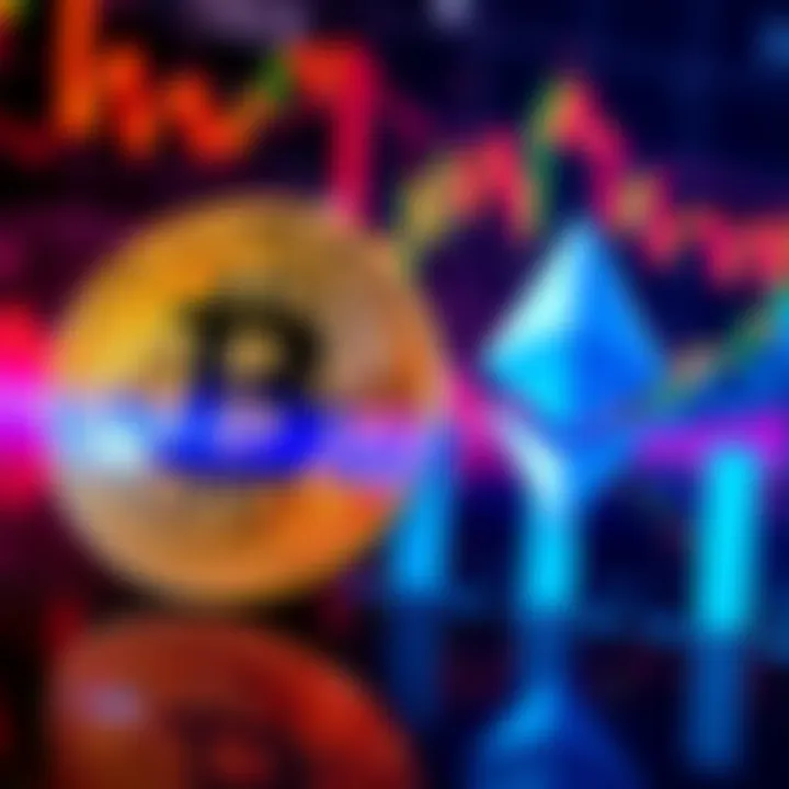 A split image showing the Bitcoin and Ether logos with charts and graphs illustrating their market trends.