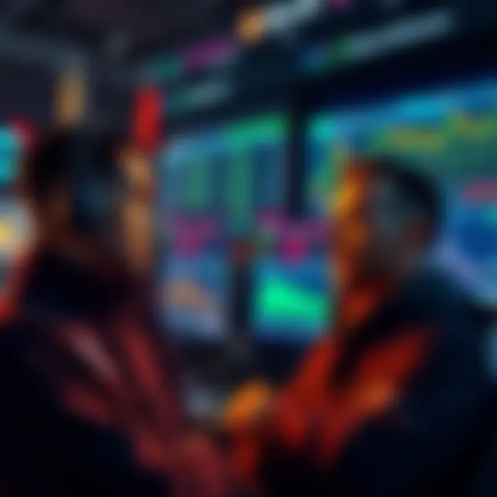 Traders looking at screens displaying Bitcoin and Ethereum prices, showing concern over market changes due to BlackRock's news