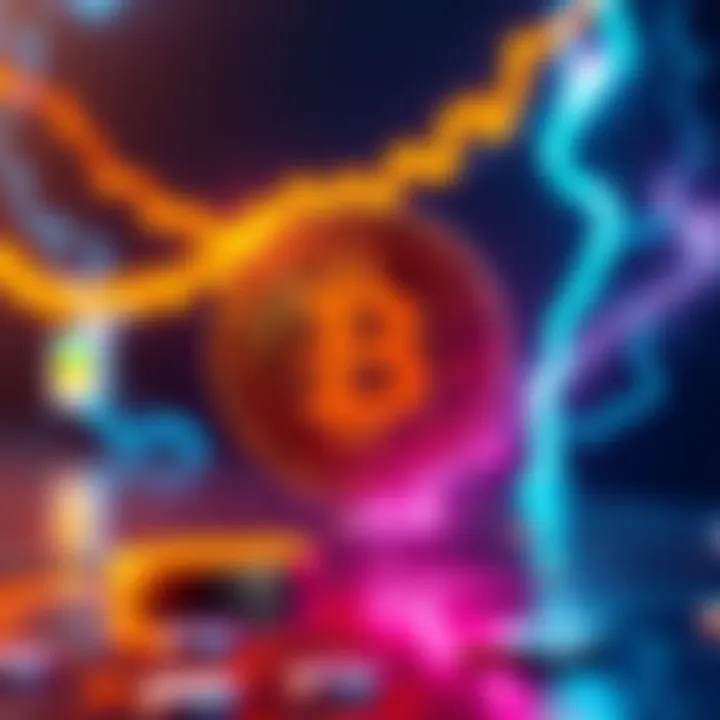 A digital representation of a non-custodial peer-to-peer Bitcoin exchange using the Lightning Network, illustrating fast transactions and user privacy.