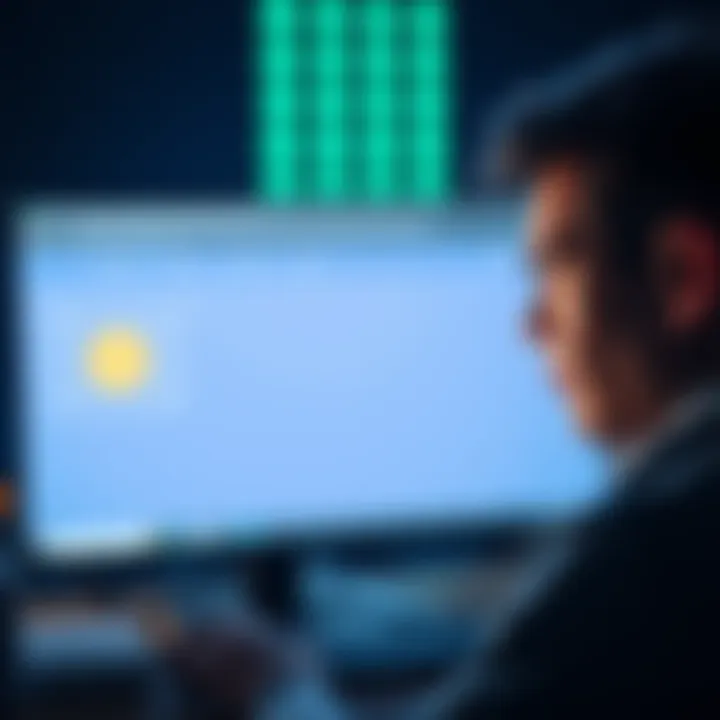 A person looking at a blank computer screen with a sad expression, symbolizing the downtime of the Bitcoin fair price website.