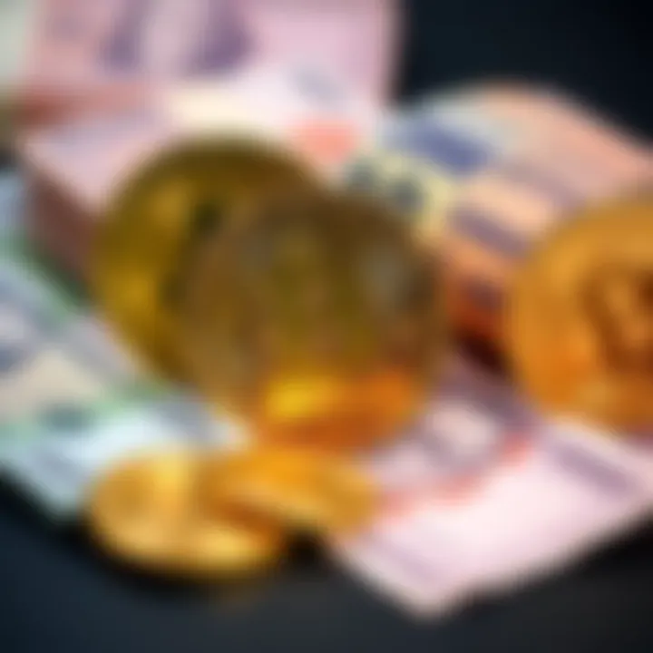 A visual representation of Bitcoin coins next to traditional banknotes, illustrating the competition between digital and fiat currencies.