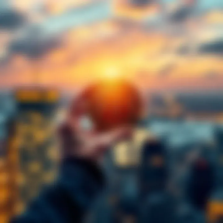 A person holding a Bitcoin symbol against a backdrop of a city skyline, representing financial independence and resistance to government control.
