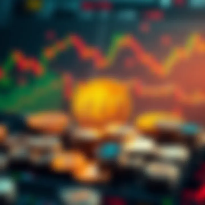 Bitcoin in Financial Markets A visual representation of Bitcoin graphics amidst financial charts and currency symbols, showing its role in the economy.