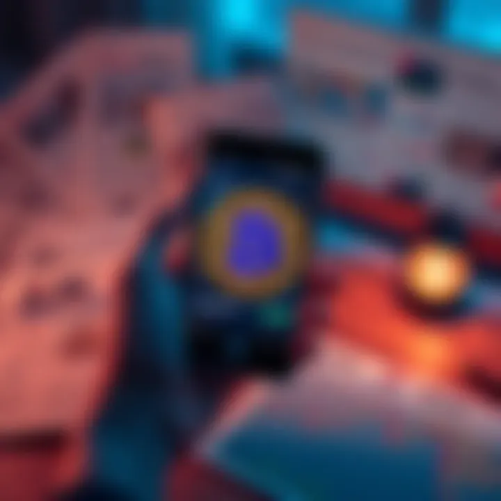 A person holds a smartphone displaying a Bitcoin wallet while sitting at a desk with financial news articles in the background.