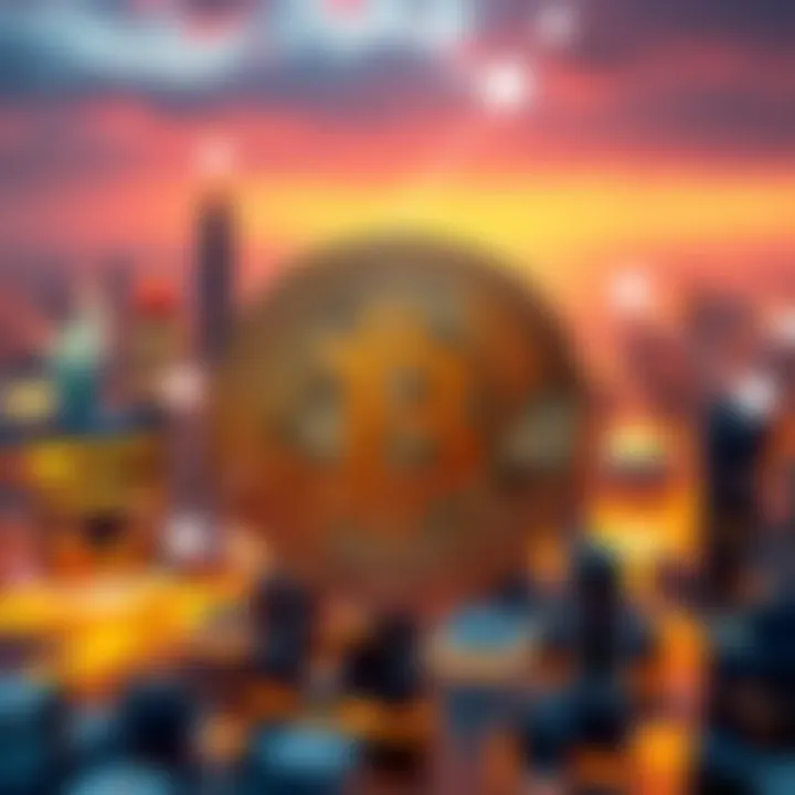 A digital representation of Bitcoin symbolizing financial control and future investments, featuring a futuristic city skyline in the background