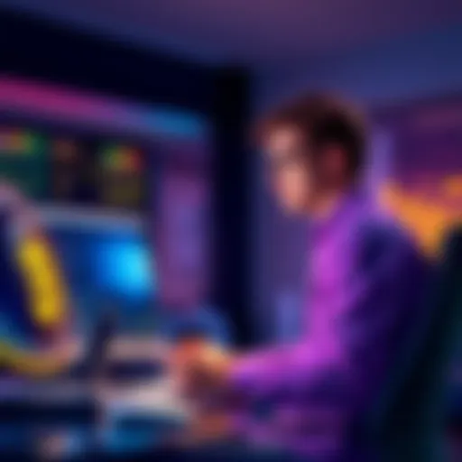 A person sits at a computer looking at Bitcoin purchasing options on various platforms
