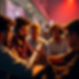 A group of people engaged in a heated discussion about Bitcoin forums, some looking frustrated while others are typing on laptops, showcasing a tense atmosphere.