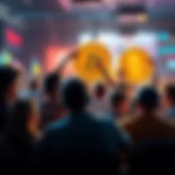 A group of Bitcoin supporters passionately discussing in a forum setting, with visible tension over rules and opinions.
