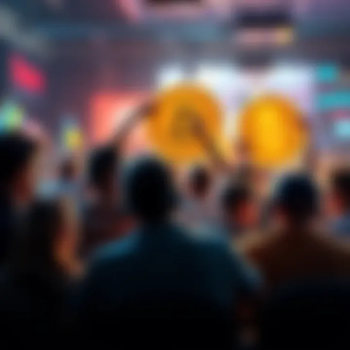 A group of Bitcoin supporters passionately discussing in a forum setting, with visible tension over rules and opinions.