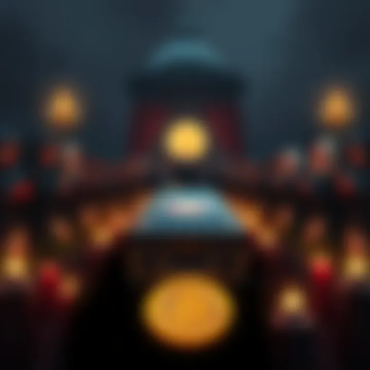 A dramatic scene depicting a funeral for Bitcoin with a coffin labeled Bitcoin surrounded by mourners, symbolizing the end of an era for the cryptocurrency.