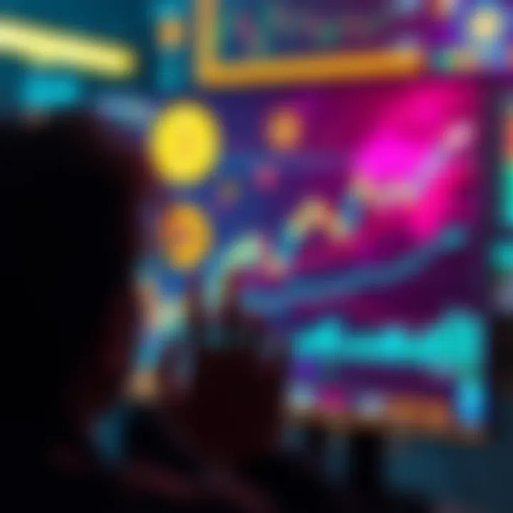 A person looking at a digital screen displaying Bitcoin graphs and financial growth symbols, representing new financial opportunities