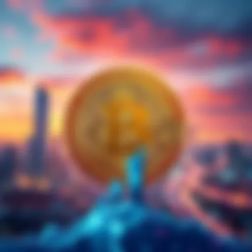A Bitcoin symbol in the foreground with a modern city skyline and digital elements in the background, representing the future of cryptocurrency.
