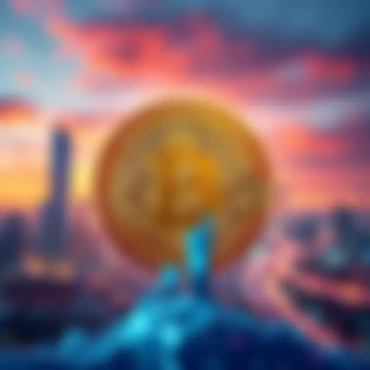 A Bitcoin symbol in the foreground with a modern city skyline and digital elements in the background, representing the future of cryptocurrency.
