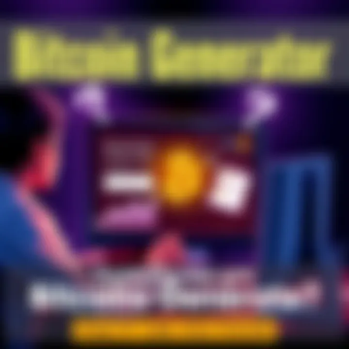Bitcoin Generator Concept A visual representation showing a person sitting at a computer, looking skeptical about a Bitcoin generator website, with dollar signs and question marks around them.