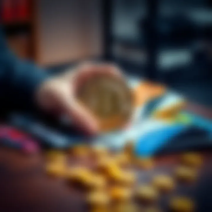 A person holding a Bitcoin alongside gift cards on a table, representing the trade between crypto and gift cards