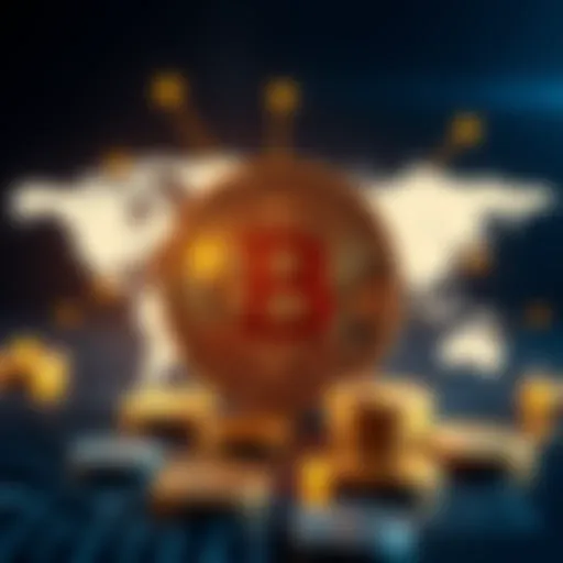 A visual representation of Bitcoin, showing coins and arrows indicating global transactions, with a backdrop of a world map.