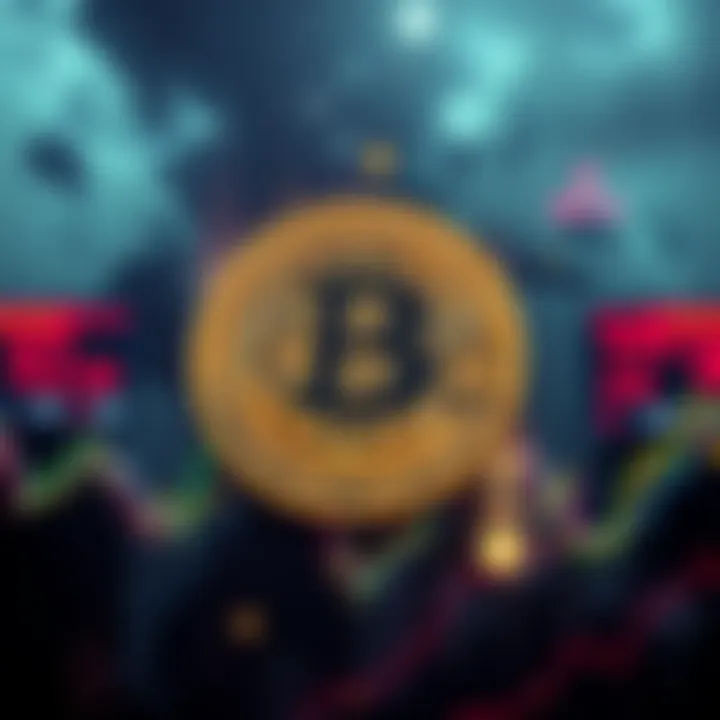 A graphic showing Bitcoin with fluctuating market lines and news headlines related to global turmoil