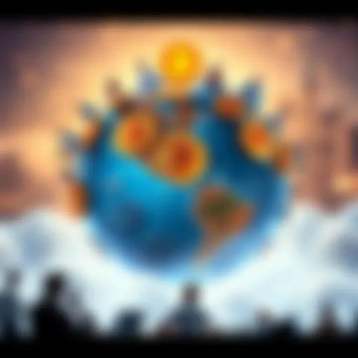 A globe surrounded by Bitcoin symbols and various people discussing cryptocurrency challenges