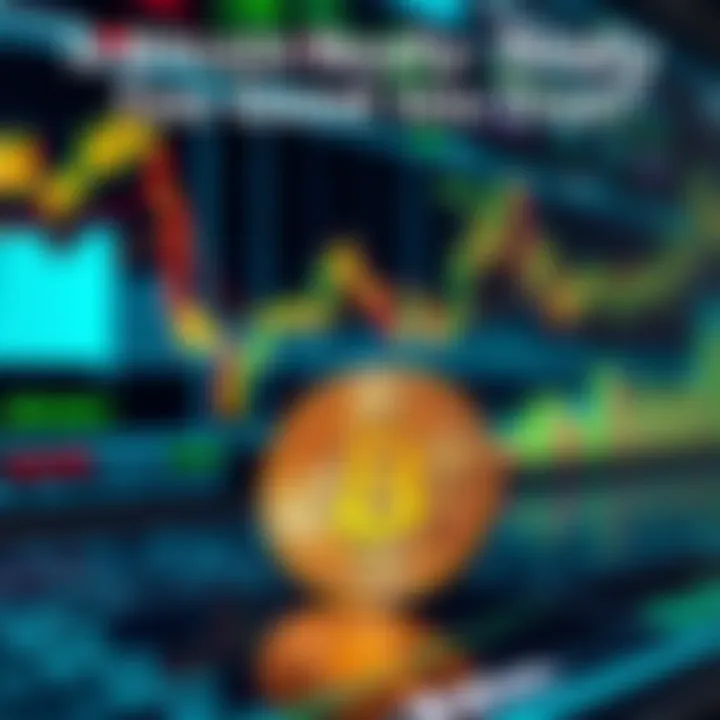 A shiny gold Bitcoin coin resting on a digital screen displaying cryptocurrency graphs and charts.