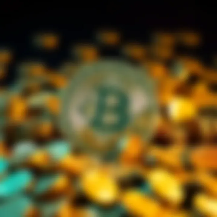 Bitcoin symbol and gold coins A Bitcoin symbol surrounded by gold coins, representing the fixed supply limit of Bitcoin.