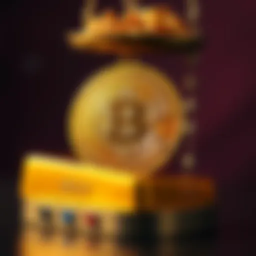 A visual showing a bitcoin coin weighed against a pound of gold, illustrating their equal weights.