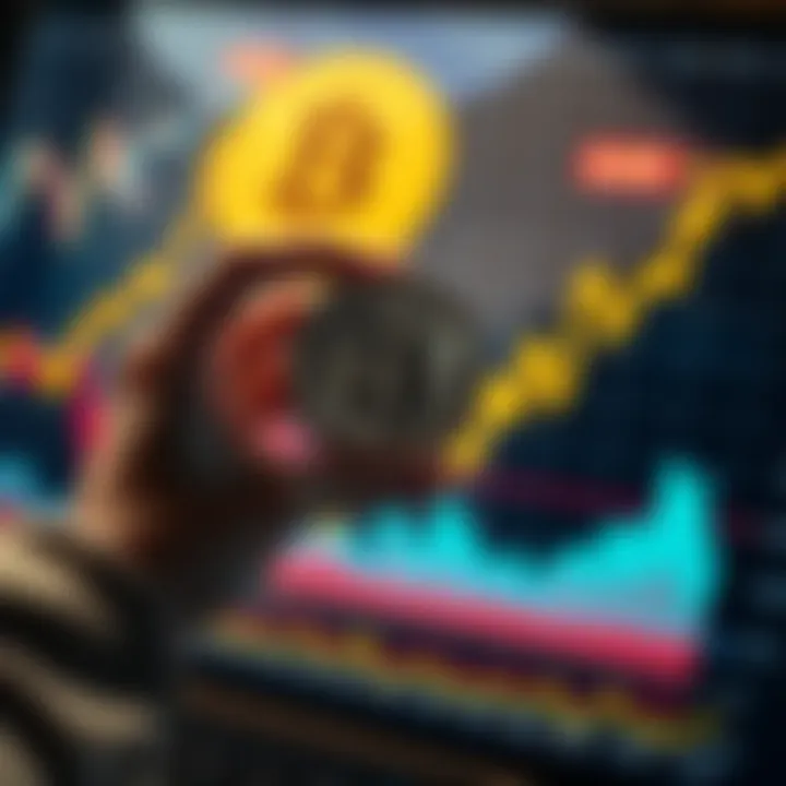 A person holding a Bitcoin, surrounded by charts showing its rise in value, symbolizing a shift from investment to belief in Bitcoin's potential.