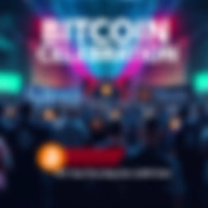 A group of people celebrating Bitcoin milestones at an event, holding banners and wearing Bitcoin-themed shirts.