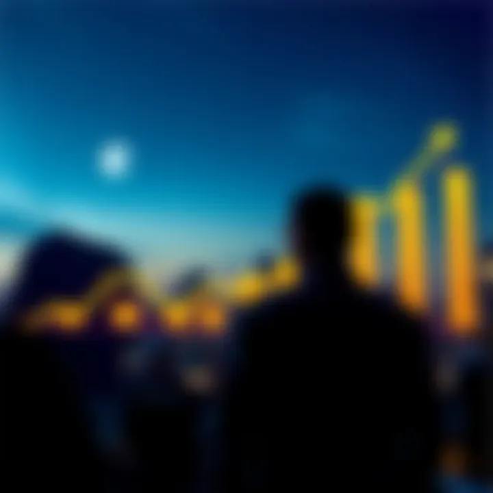 A growth chart showing the rise of Bitcoin over time with a person contemplating retirement in the background.