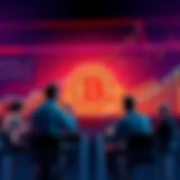 A group of people discussing Bitcoin's potential growth and market insights, with graphs and charts in the background.