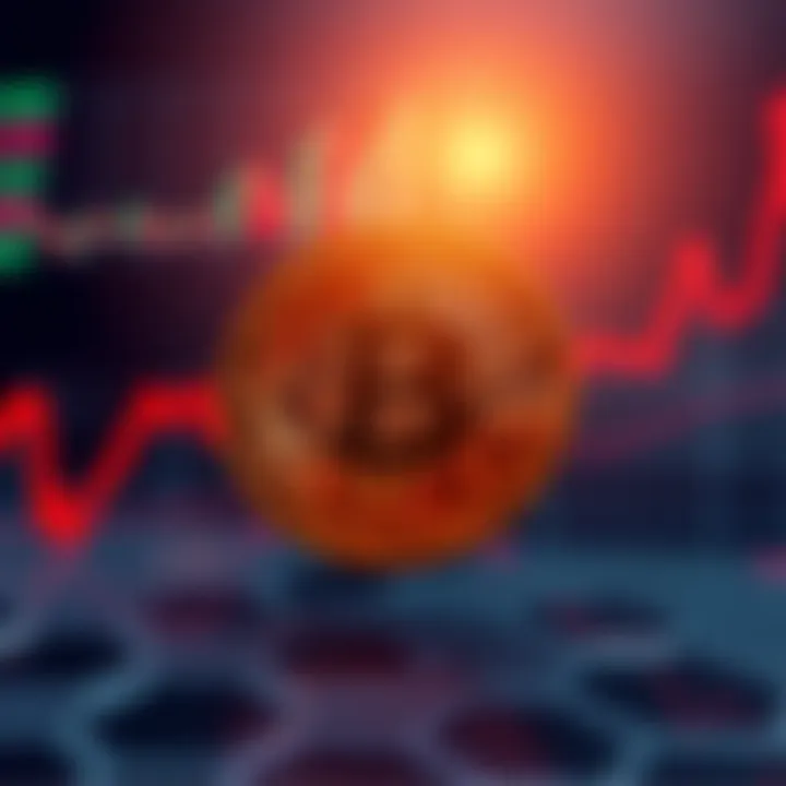 A Bitcoin symbol in front of a rising graph representing economic growth and cryptocurrency awareness.