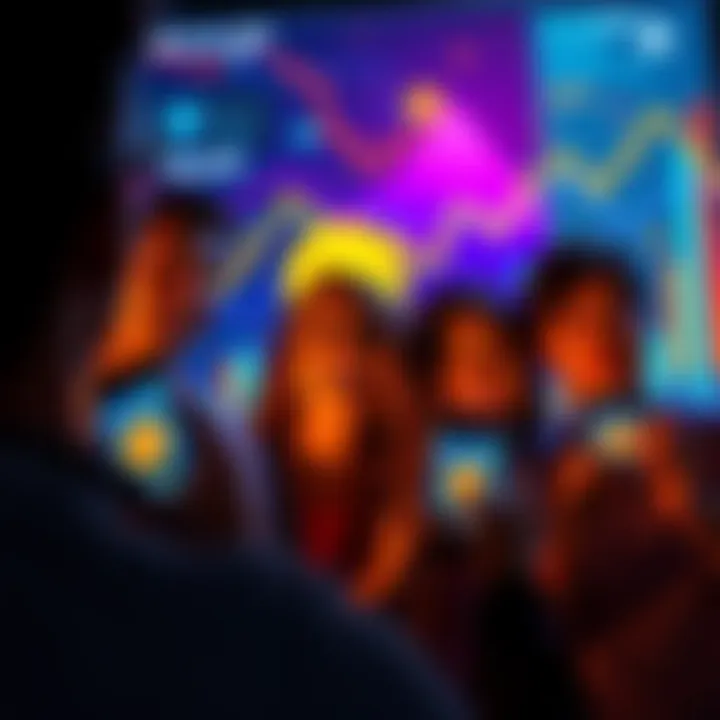 A group of people smiling and celebrating while looking at their phones displaying Bitcoin values, with a colorful cryptocurrency graphic in the background.
