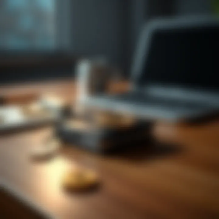 A Bitcoin hardware wallet placed on a wooden table with a laptop and some coins nearby
