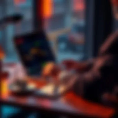 A person checking Bitcoin prices on a laptop with coffee and a notebook nearby
