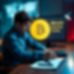 Stressed Bitcoin holder with seed phrase A worried person sits at a desk with a notepad, pen, and Bitcoin logo on a screen, contemplating seed phrase storage options.