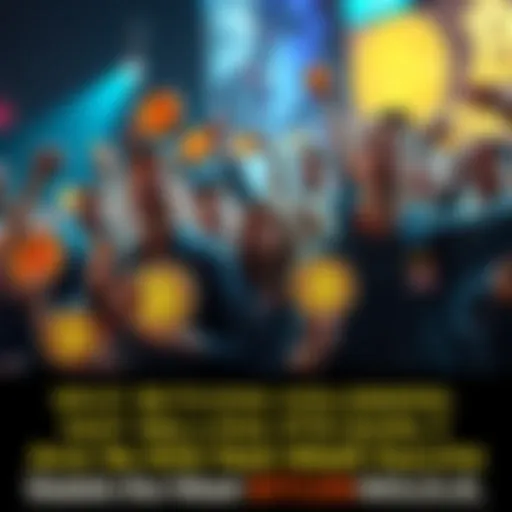 Group of Bitcoin enthusiasts holding cryptocurrency symbols confidently amidst market turmoil