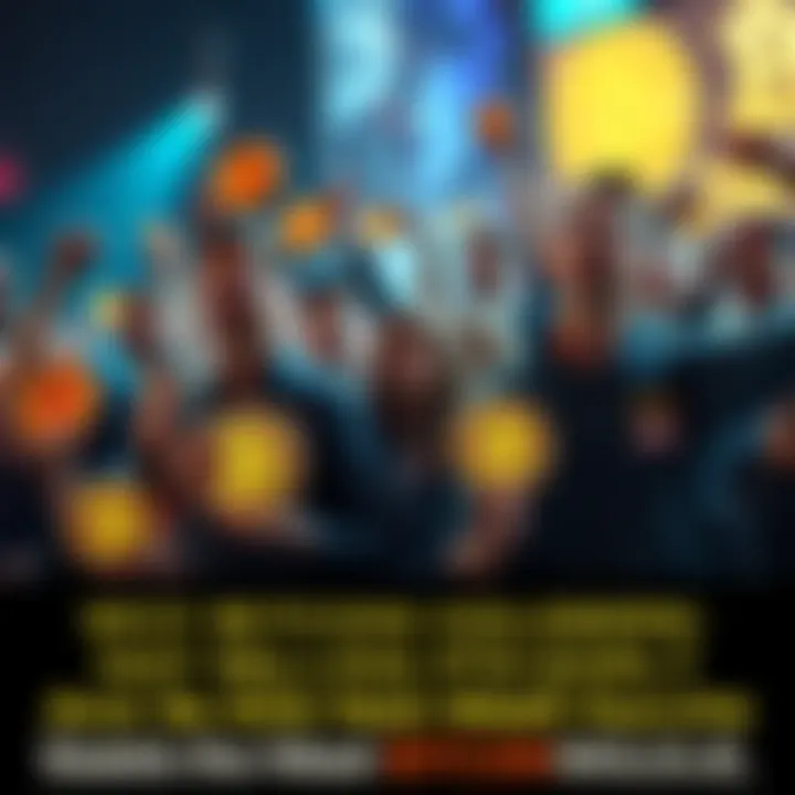 Group of Bitcoin enthusiasts holding cryptocurrency symbols confidently amidst market turmoil