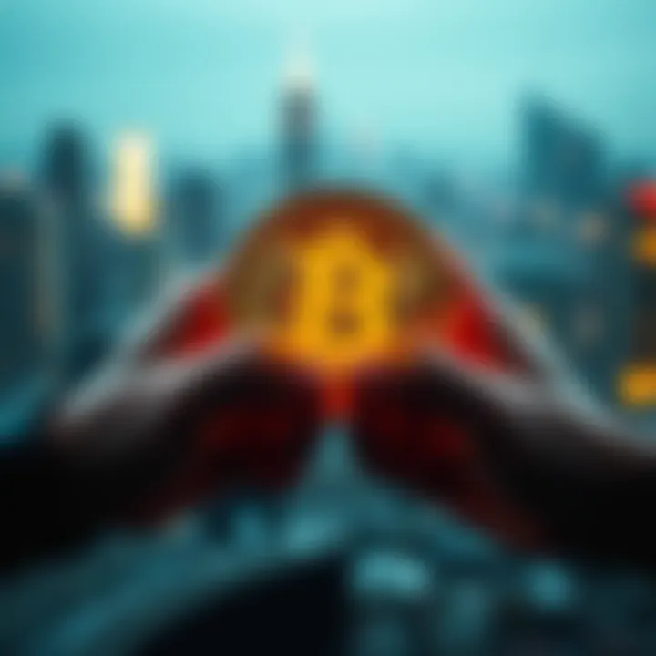 Bitcoin symbol with holding hands Hands holding a Bitcoin symbol, representing the idea of holding onto investments forever and the concept of scarcity in Bitcoin.