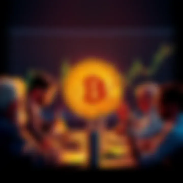 A group of Bitcoin investors discussing their strategies and market trends, with graphs and charts in the background showing the cryptocurrency's 4-year cycle.