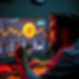 Individual looking at a computer screen displaying Bitcoin prices while holding a house key, expressing feelings of loss and frustration