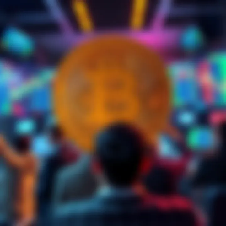 A visual representation of Bitcoin symbol surrounded by confused investors looking at screens showing fluctuating prices.