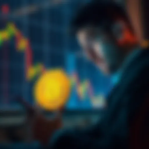 A worried investor looking at a Bitcoin chart with declining values, symbolizing uncertainty in the market due to rising inflation.