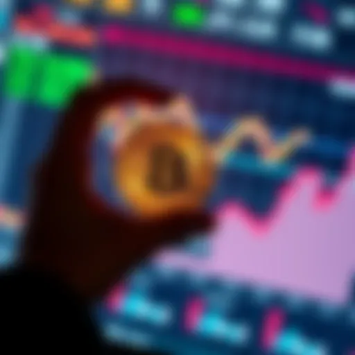 A person holding a Bitcoin in one hand while looking at a chart showing inflation rising in the background.