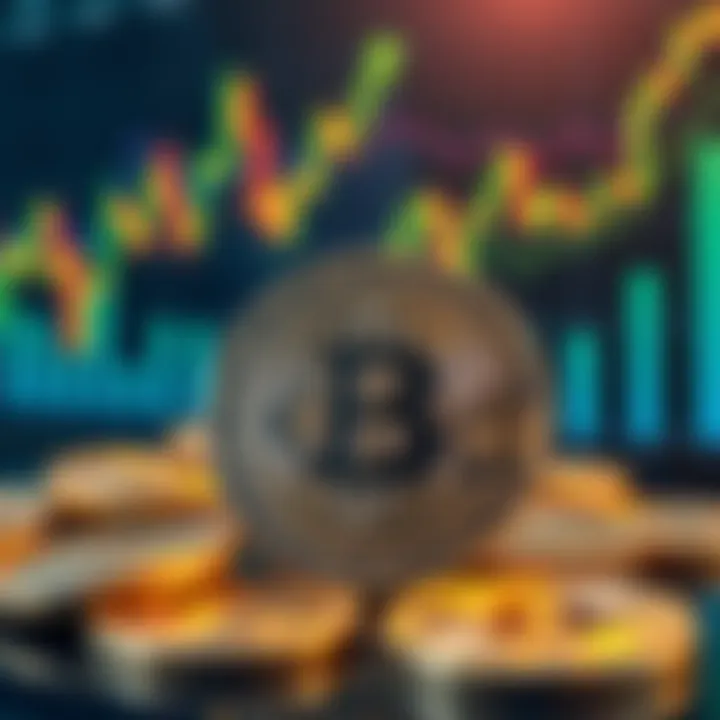A close-up view of Bitcoin coins with investment graphs and charts in the background, symbolizing investment opportunities in cryptocurrency.